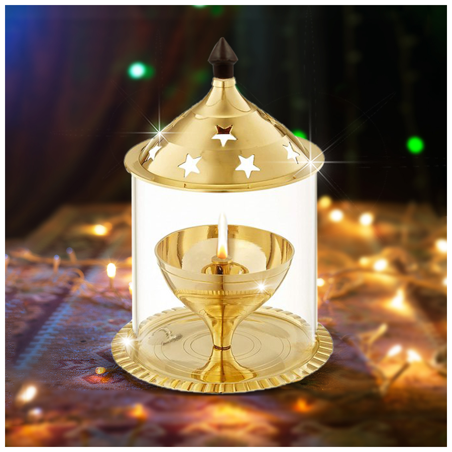 Shubhkart Nitya Brass Akhand Jyot Aaradhya Diya - With Borosilicate Glass