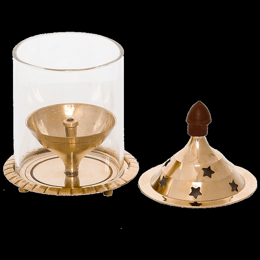 eCraftIndia Brass Akhand Diya With Glass