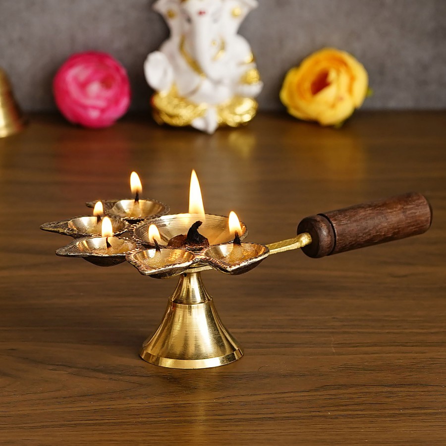 eCraftIndia Brass Panchdeep Diya For 5 Cotton Wicks With Wooden Holder