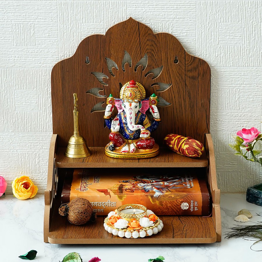 eCraftIndia Laminated Wood Pooja Temple/Mandir With Shelf & Swastik Design