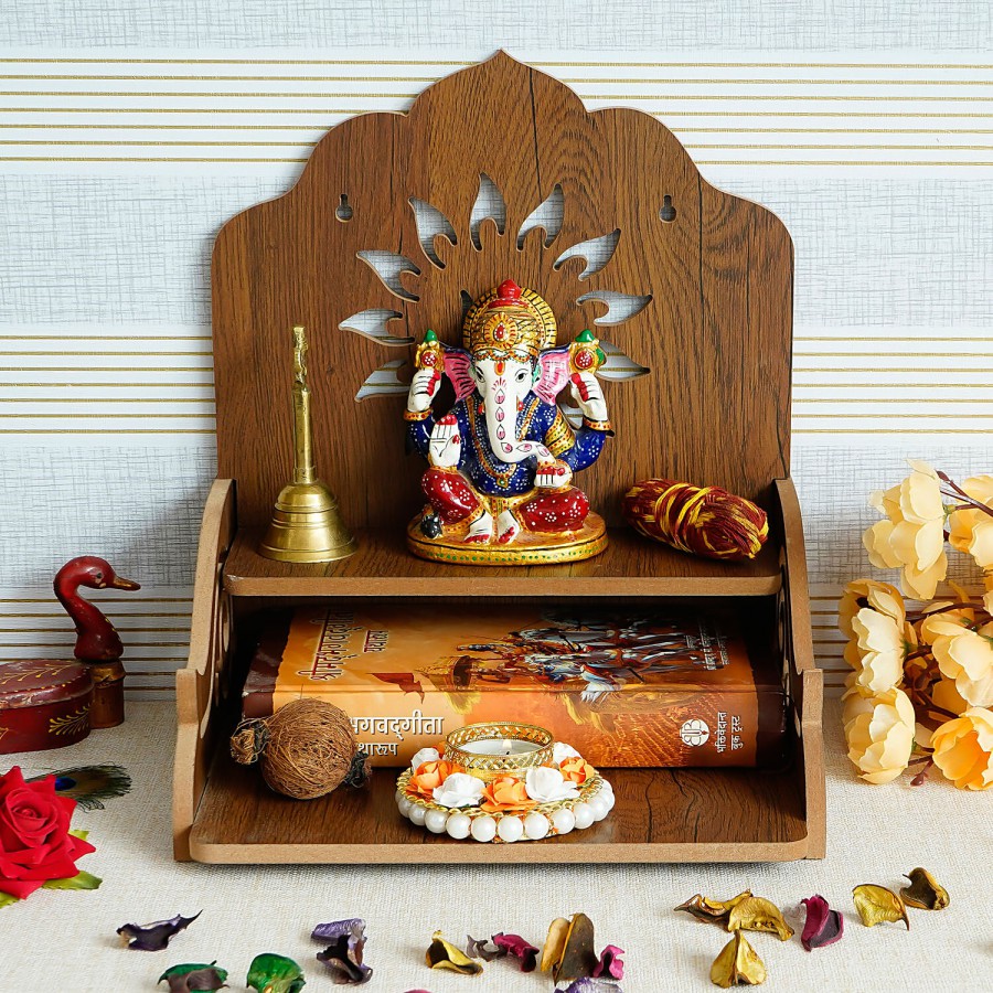 eCraftIndia Laminated Wood Pooja Temple/Mandir With Shelf & Swastik Design