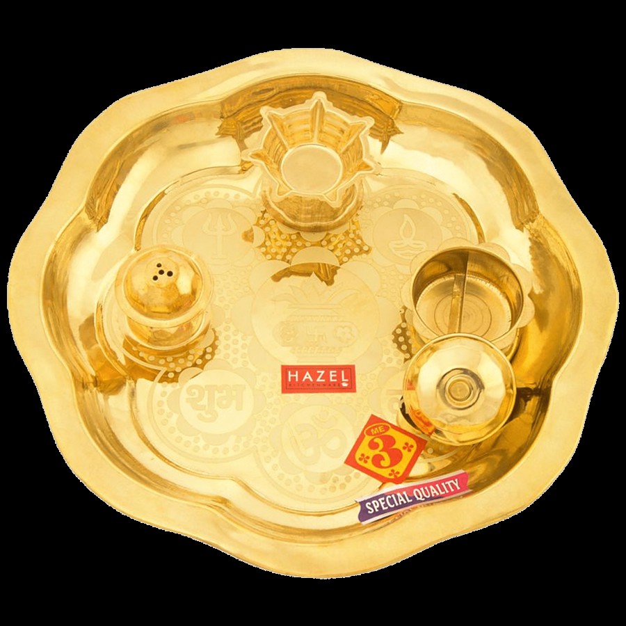 Hazel Brass Puja Thali With Diya And Sindoor Wati - 23.5 cm