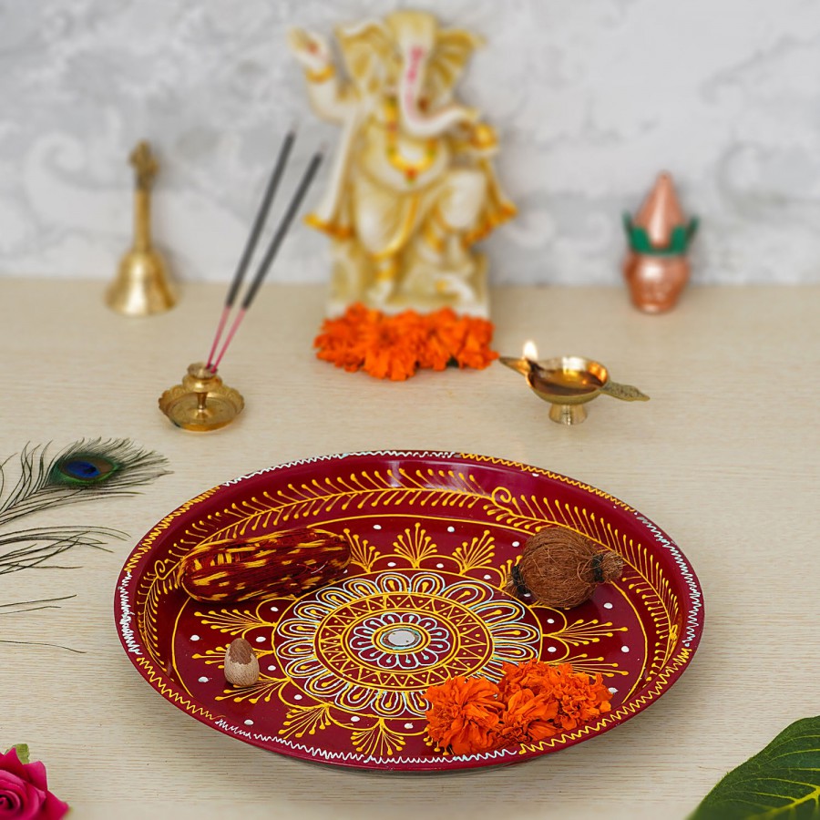 eCraftIndia Handcrafted Decorative Red Pooja Thali