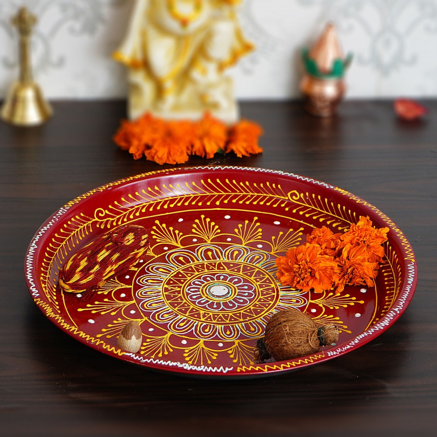 eCraftIndia Handcrafted Decorative Red Pooja Thali