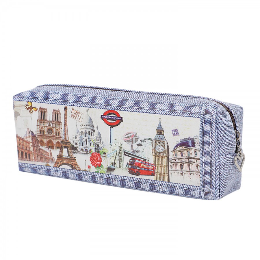 DP Blue Printed Pencil Pouch - PU