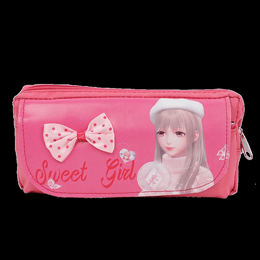 DP Printed Fabric & PU Pencil Pouch - Magenta