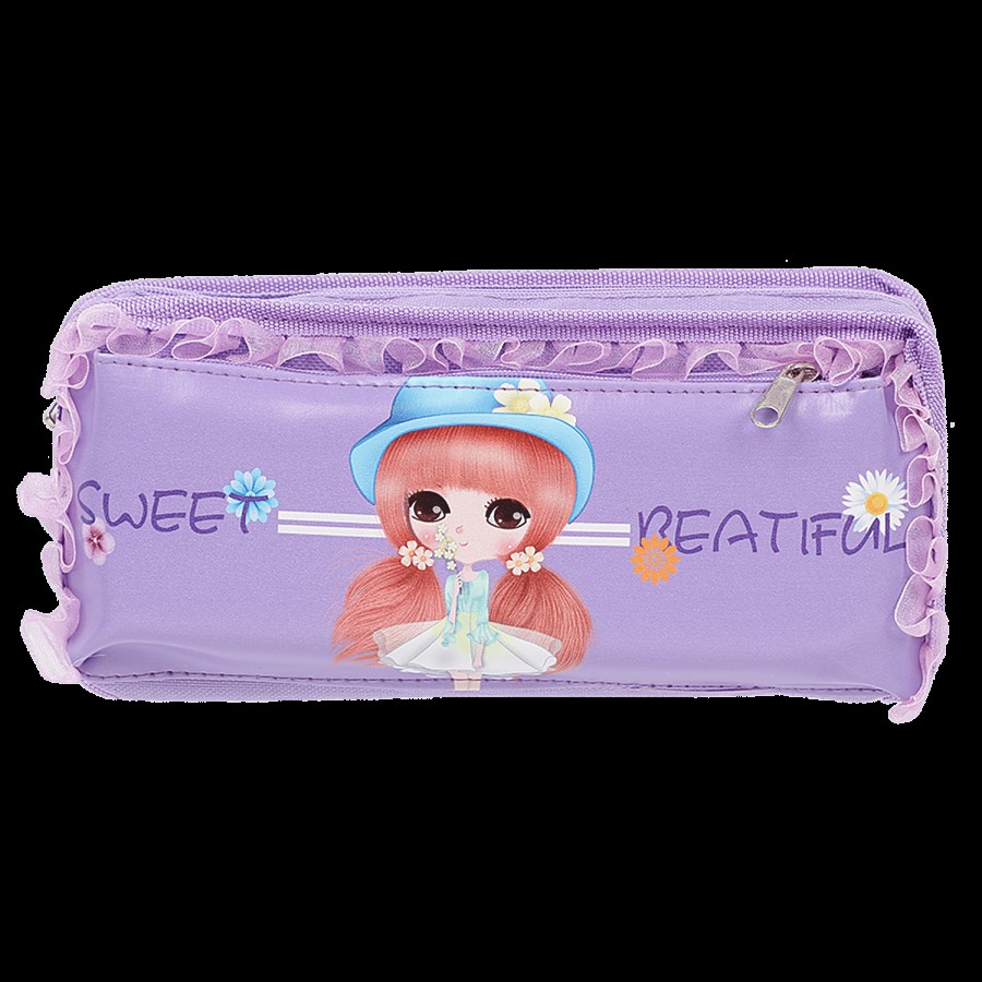 DP Printed Fabric & PU Pencil Pouch - Purple