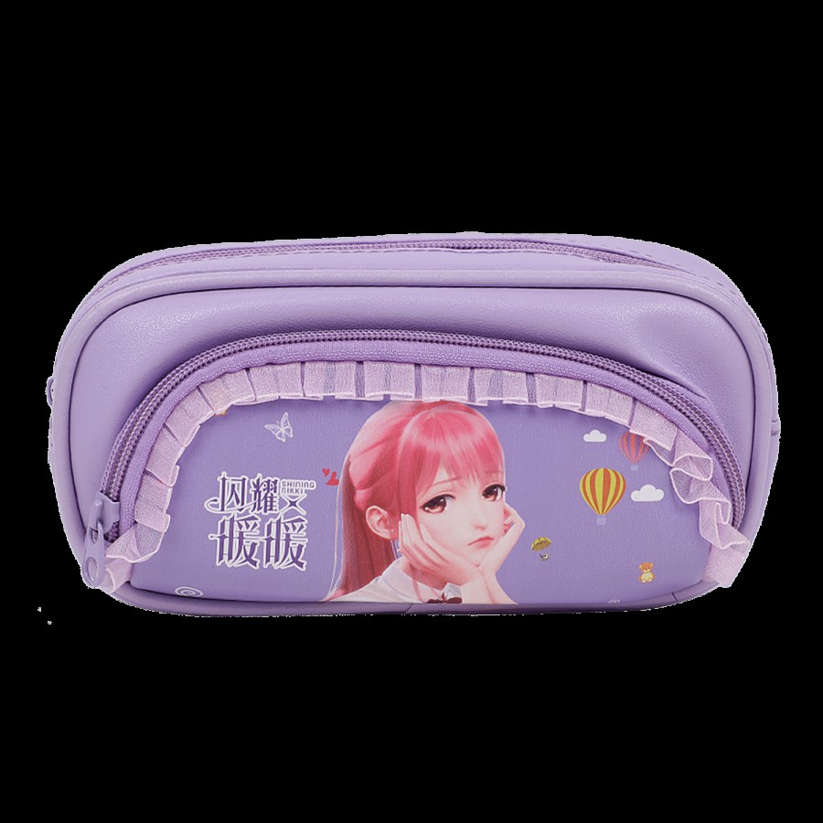 DP Printed Fabric & PU Pencil Pouch - Purple