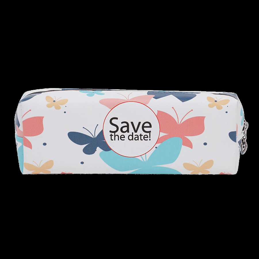 DP White Printed Pencil Pouch - PU