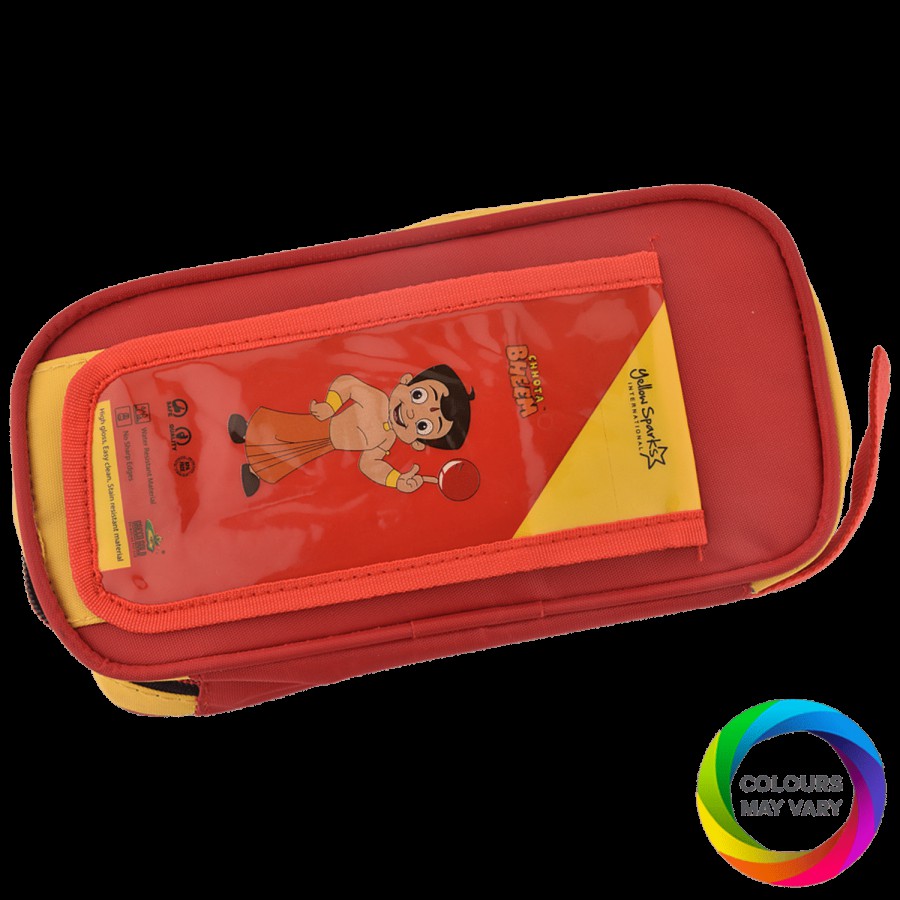 Yellow Spark Chota Bheem Zip Pouch - 2 + 1 Long Pocket Compartment With Coloured Liner