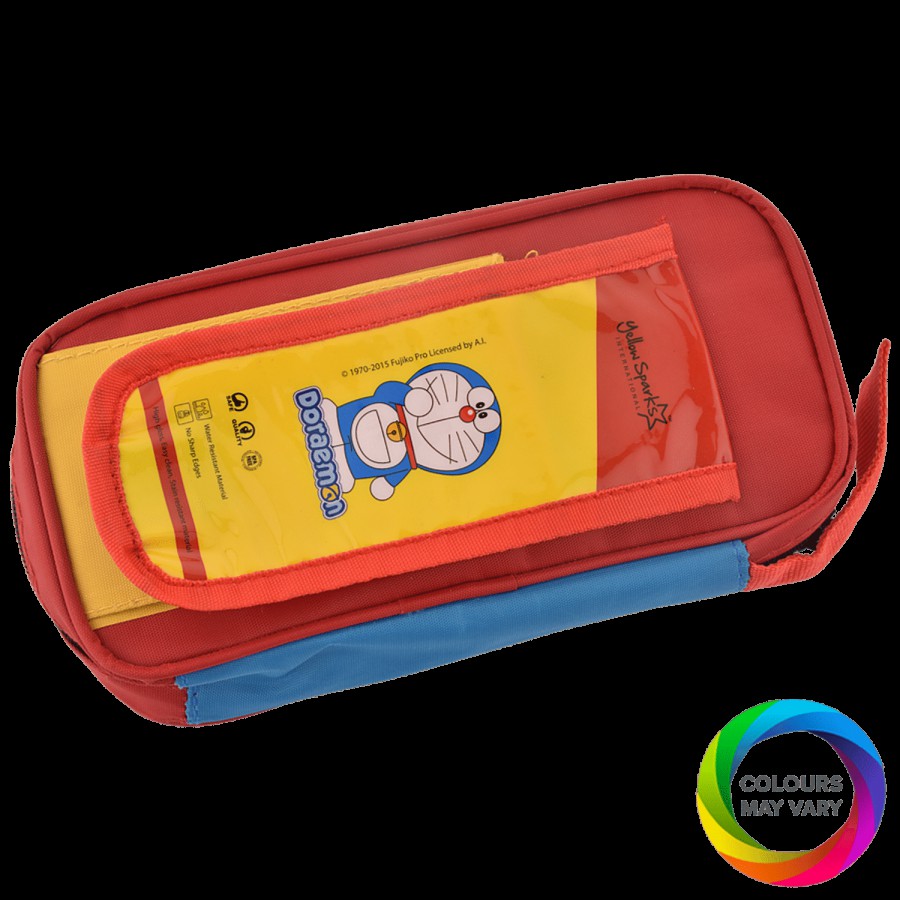 Yellow Spark Doraemon Zip Pouch - 2 + 1 Long Pocket Compartment With Coloured Liner