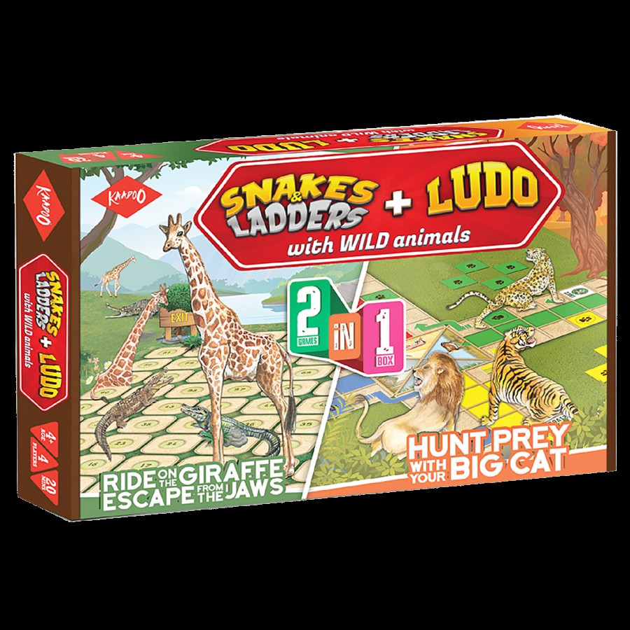 Kaadoo Snakes & Ladders + Ludo With Wild Animals - 2-In-1 Combo Board Game For Kids