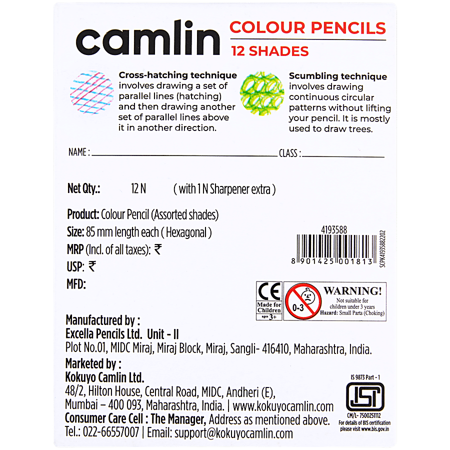 Camlin Half Size Colour Pencil -12 Shades with 1 Sharpner