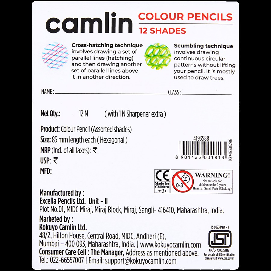 Camlin Half Size Colour Pencil -12 Shades with 1 Sharpner