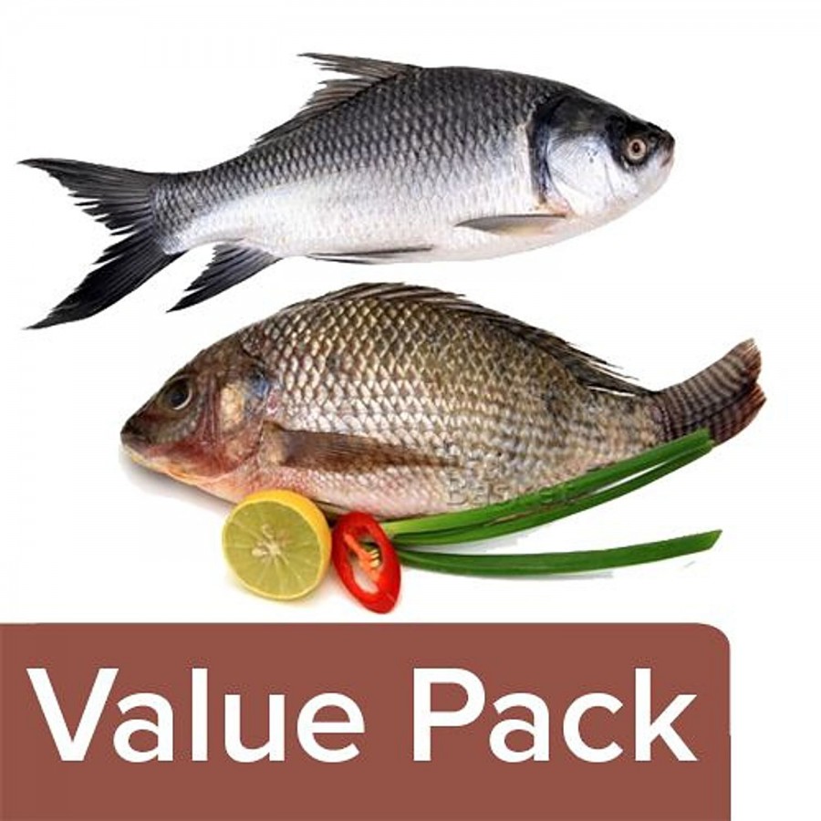 fresho! Catla Fish (Large) - Curry Cut/Bengali Cut 950 g + Tilapia Fish Whole 450g