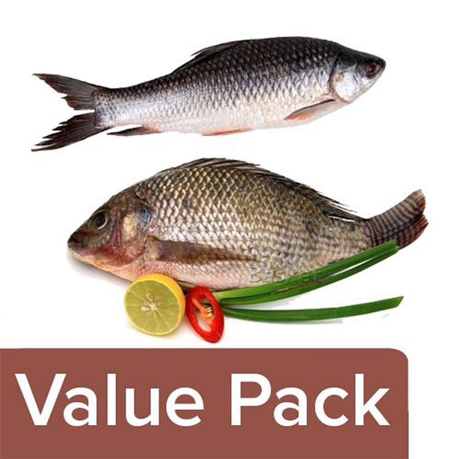 fresho! Rohu Fish (Large) - Curry Cut/Bengali Cut 950 g + Tilapia Fish Whole 450g