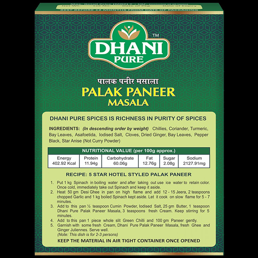 Dhani Pure Palak Paneer Masala - 100% Natural