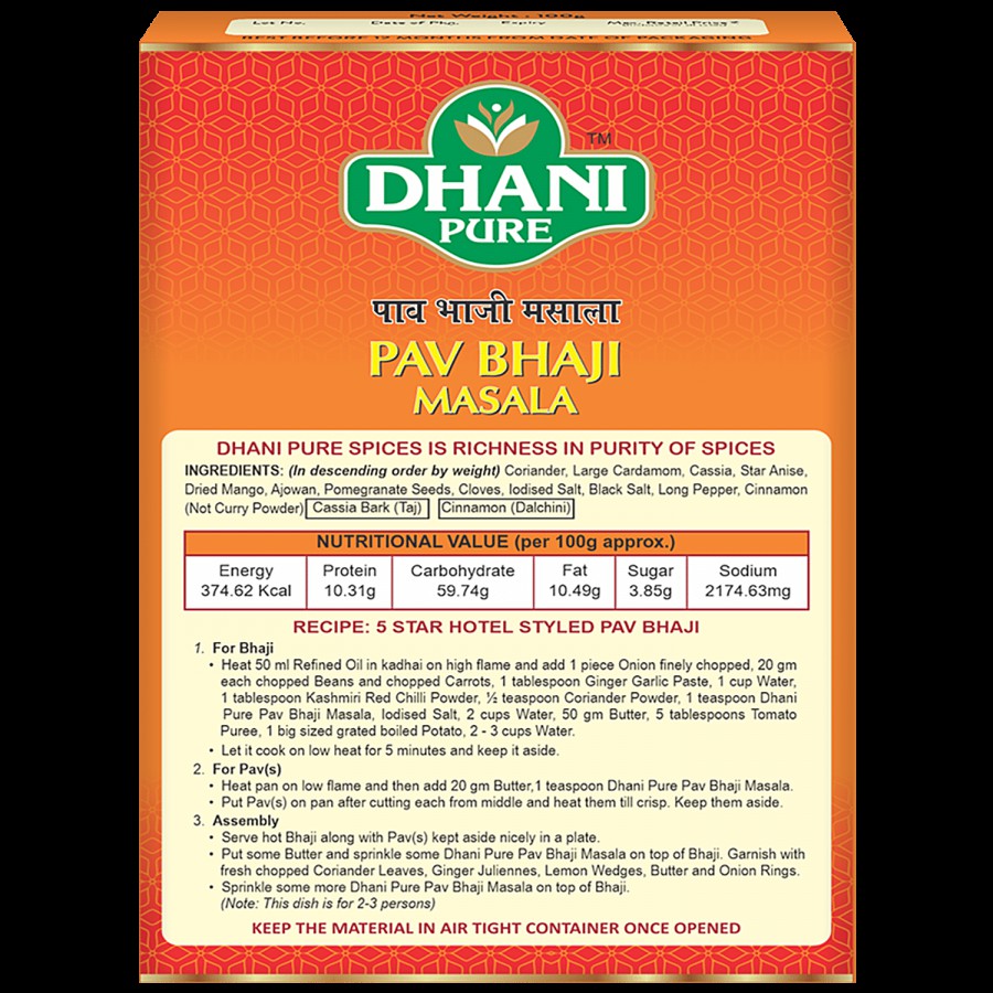 Dhani Pure Pav Bhaji Masala - 100% Natural