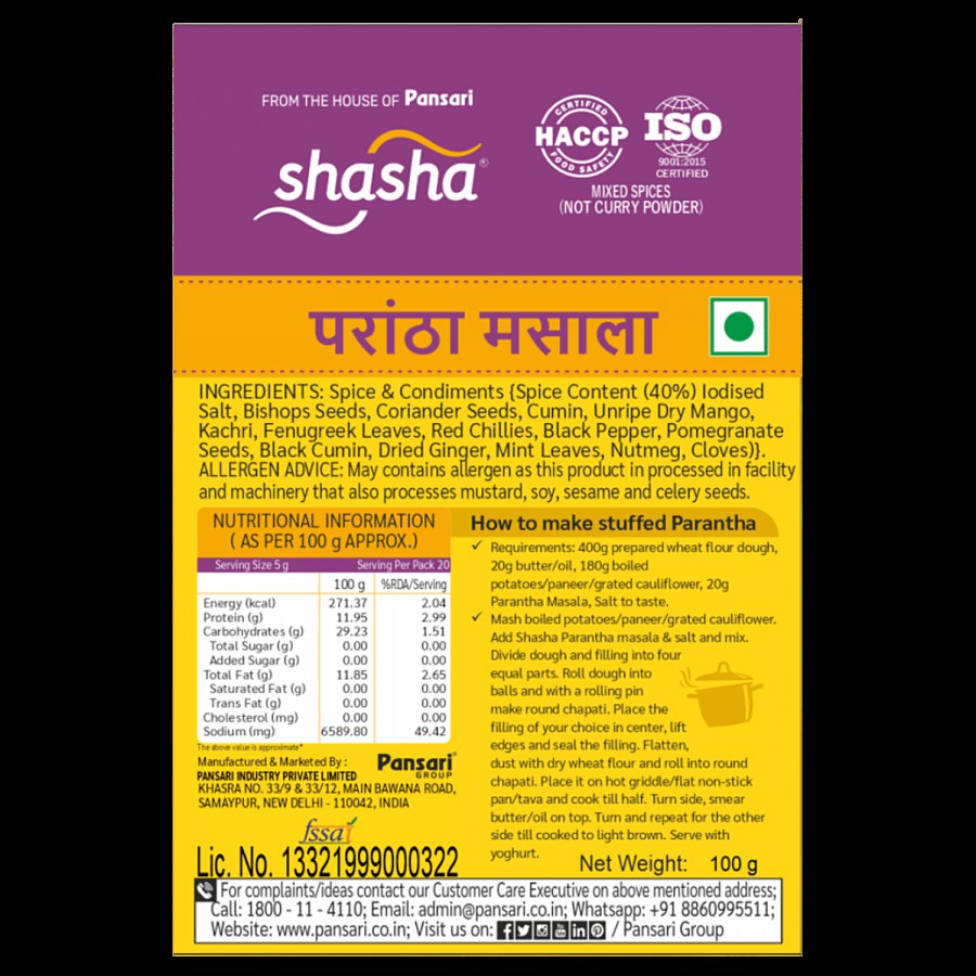 SHASHA Parantha Masala - 100% Premium Quality