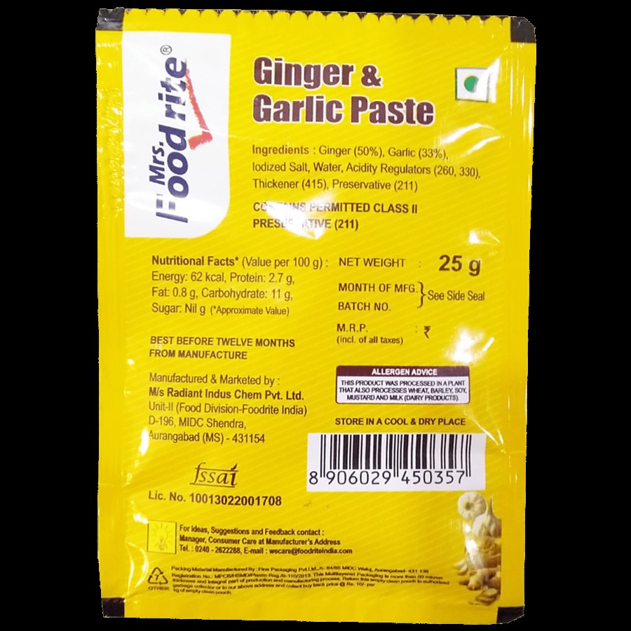 Mrs Food rite Ginger Garlic Paste - Healthy