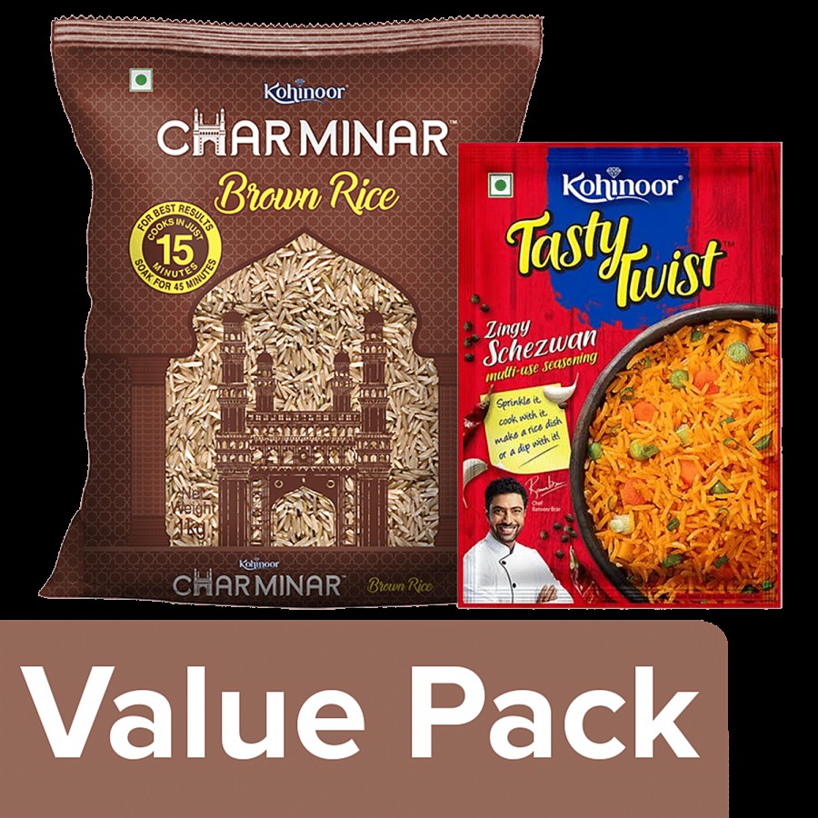 Kohinoor Kohinoor Charminar Brown Rice 1 kg + Zingy Schezwan Multi-Use Seasoning 12 g