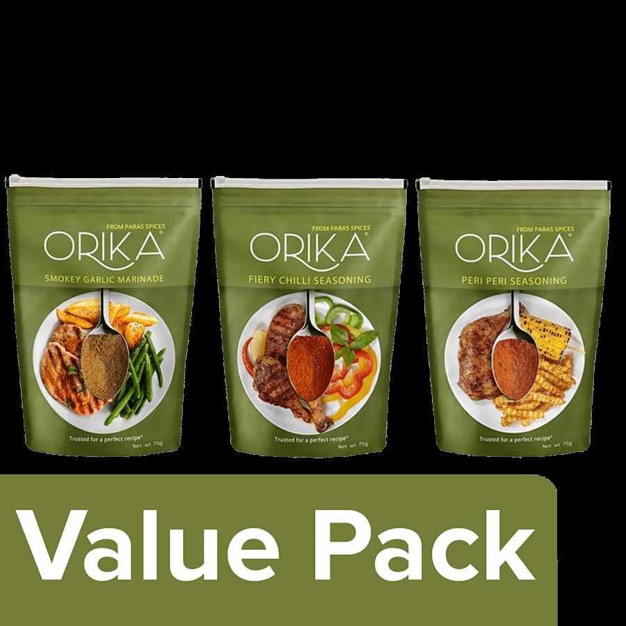 Orika Smokey Garlic Marinade + Peri Peri Seasoning + Fiery Chilli Seasoning