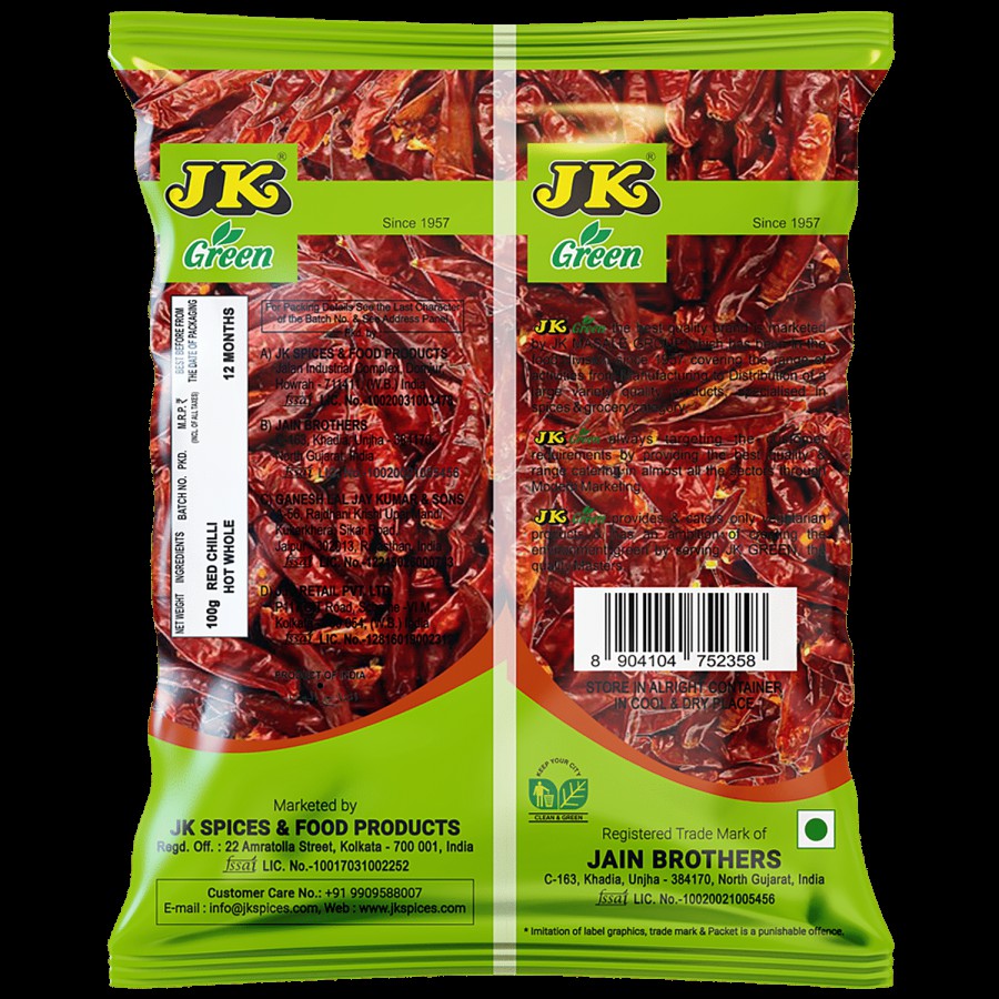 JK Green Red Chilli Hot Whole