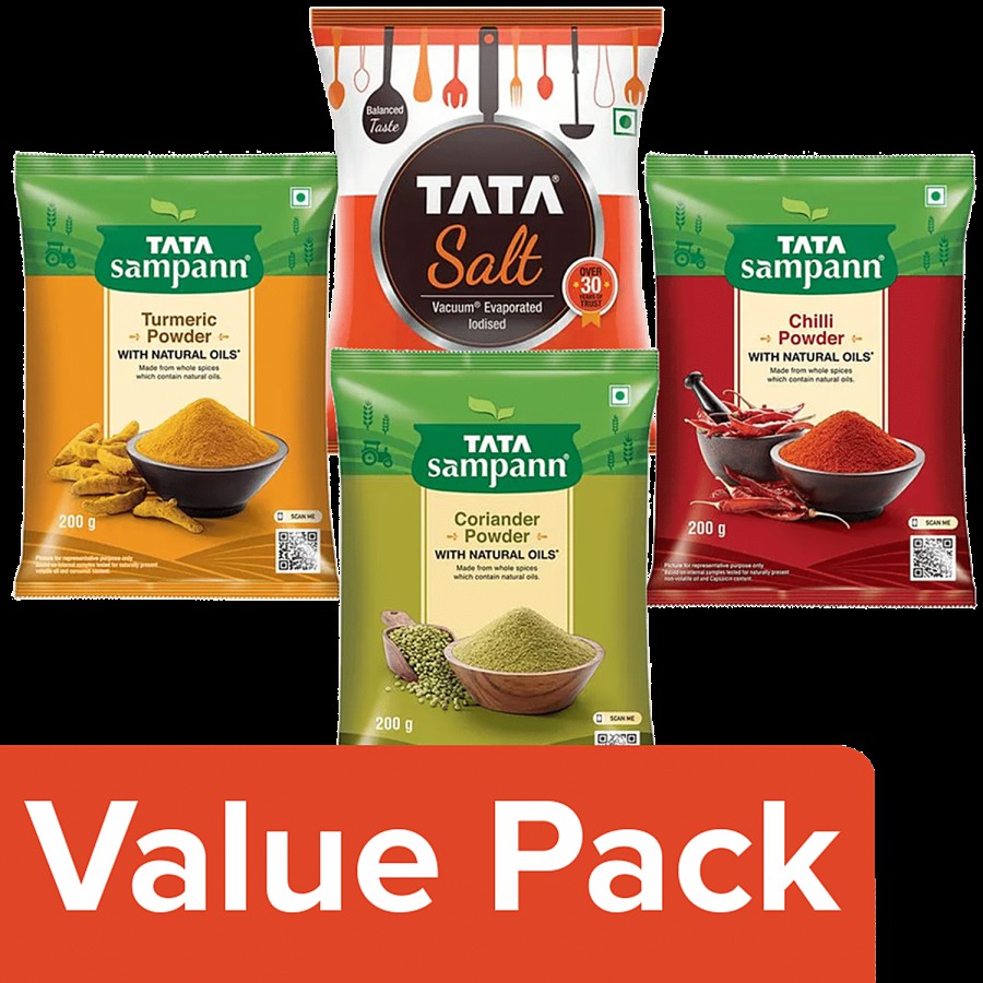 bb Combo Tata Sampann 200g (Each) Turmeric Powder+ Red Chilli+Coriander Powder+ Tata Salt Iodized1 Kg