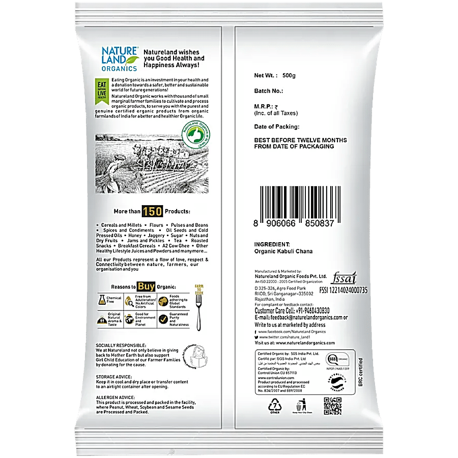 Natureland Organics Kabuli Chana - Rich In Fibre