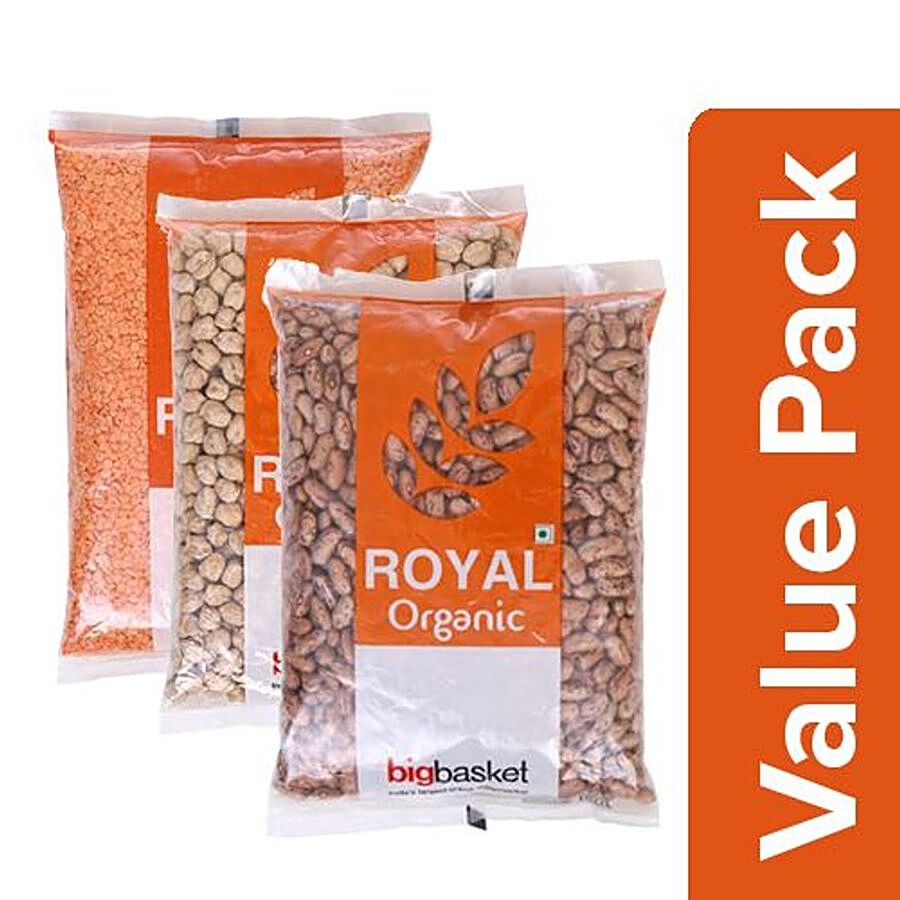 bb Royal Organic - Red Masoor Dal 500g + Kabuli Chana 500g + Rajma Chitra 500g