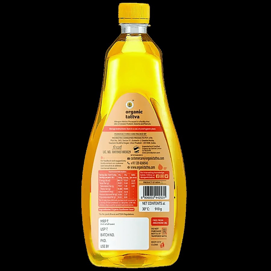 Organic Tattva Sunflower Unrefined Oil - Easy To Digest