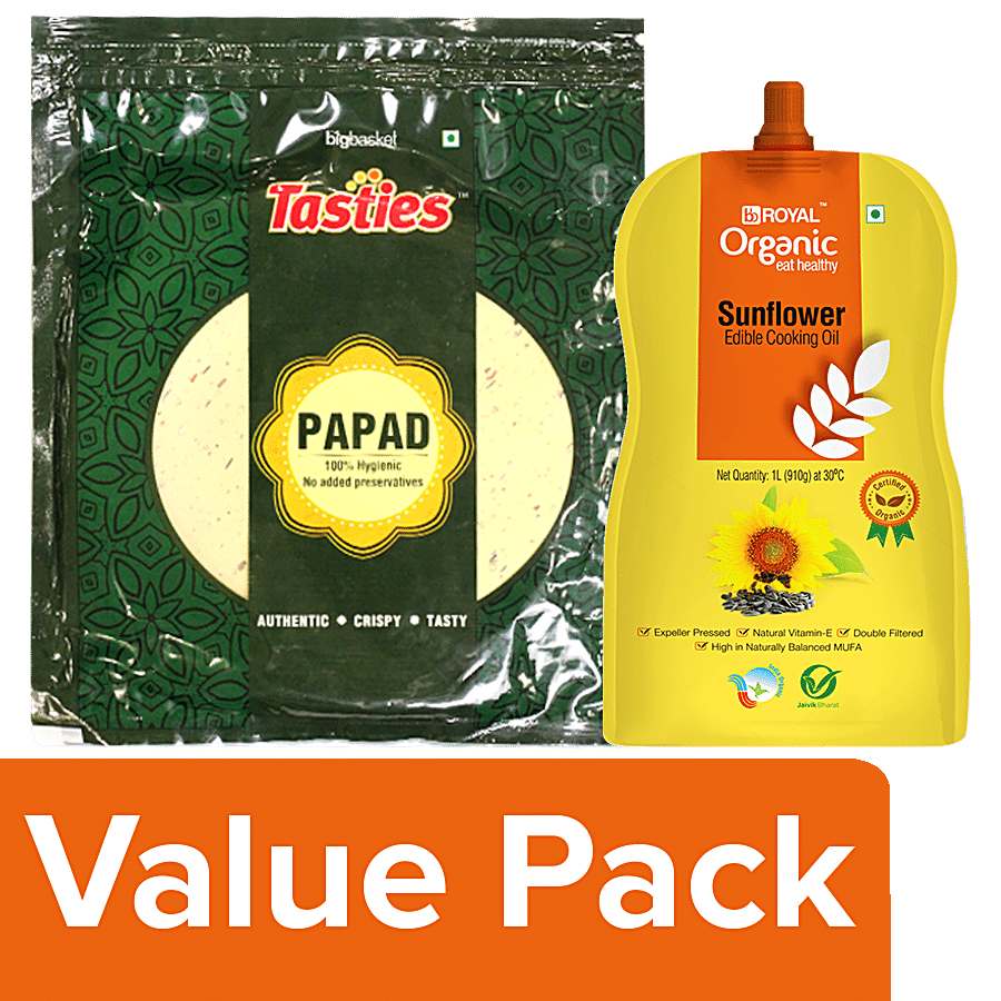 bb Combo BB Royal Organic Cold Pressed Sunflower Oil 1L + Tasties Papad-Moong Masala 200g