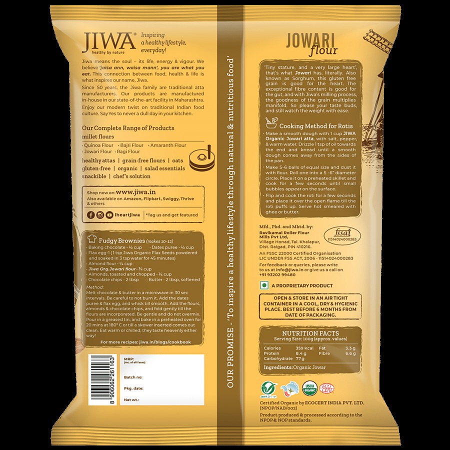 Jiwa Organic Jowari/Sorghum Flour - 100% Natural & Gluten Free