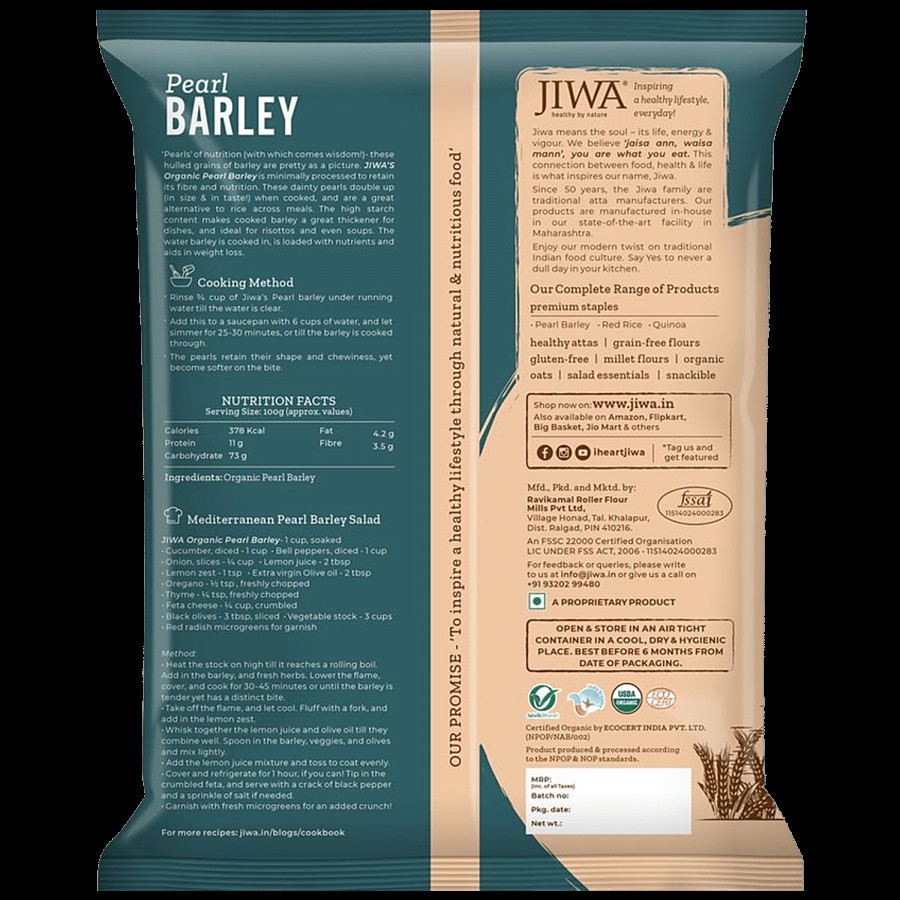 Jiwa Organic Pearl Barley - 100% Natural