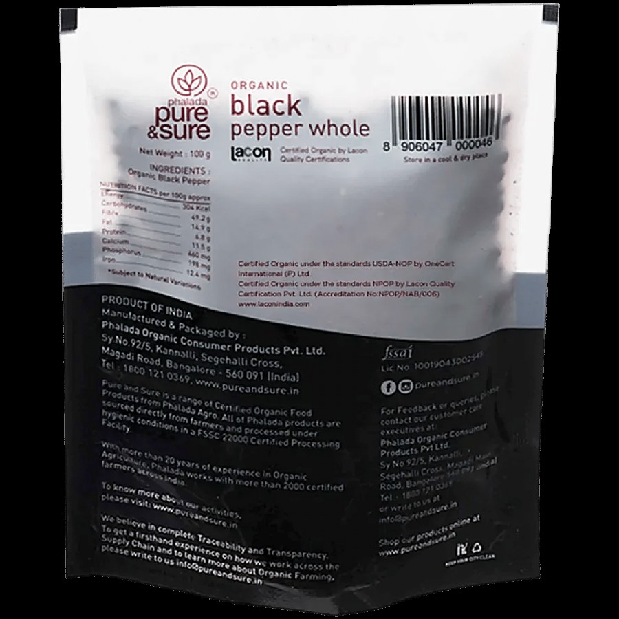 Phalada Pure & Sure Organic - Black Pepper/Kari Menasu Whole