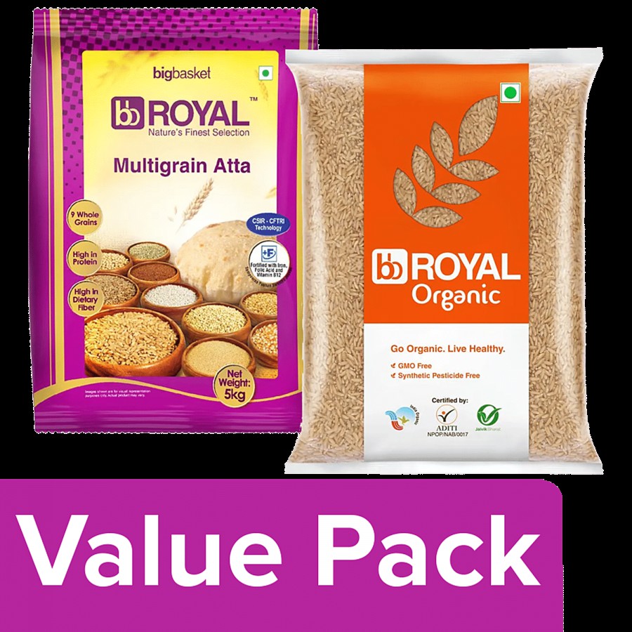 bb Royal Organic Brown Rice 5 Kg + Multigrain Atta 5 Kg Pouch