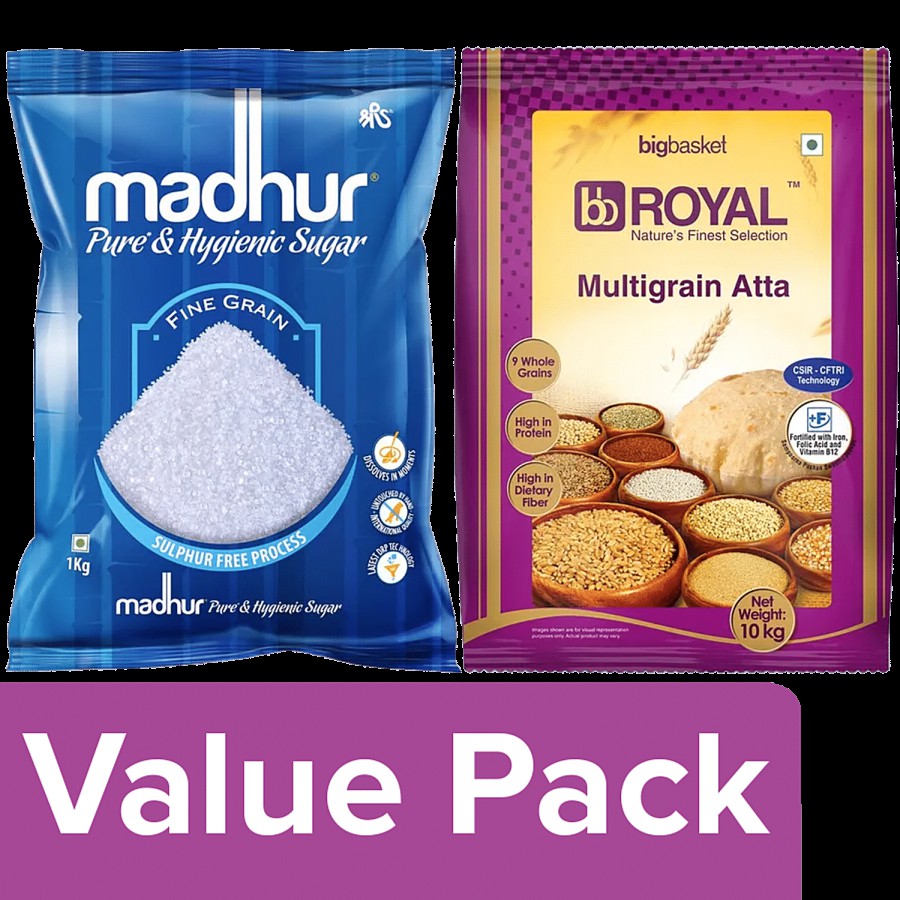 Madhur Sugar - Pure & Hygienic 1 kg + BB Royal Atta With 9 Multigrain 10 kg