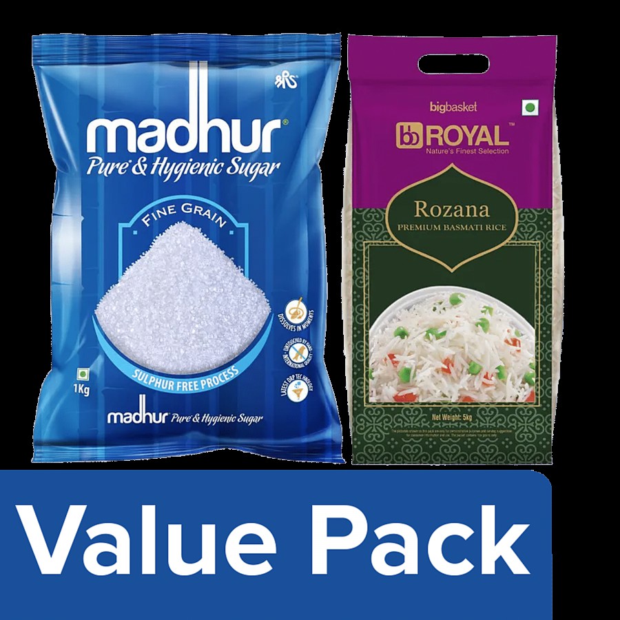 Madhur Sugar Pure & Hygienic 1 kg + BB Royal Basmati Rice Rozana - Premium 5 kg