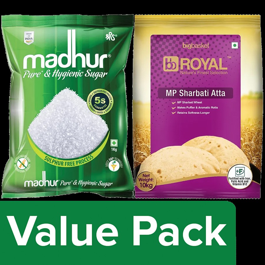 Madhur Sugar - Refined 1 kg + BB Royal Atta Sharbati MP Whole Wheat 10 kg