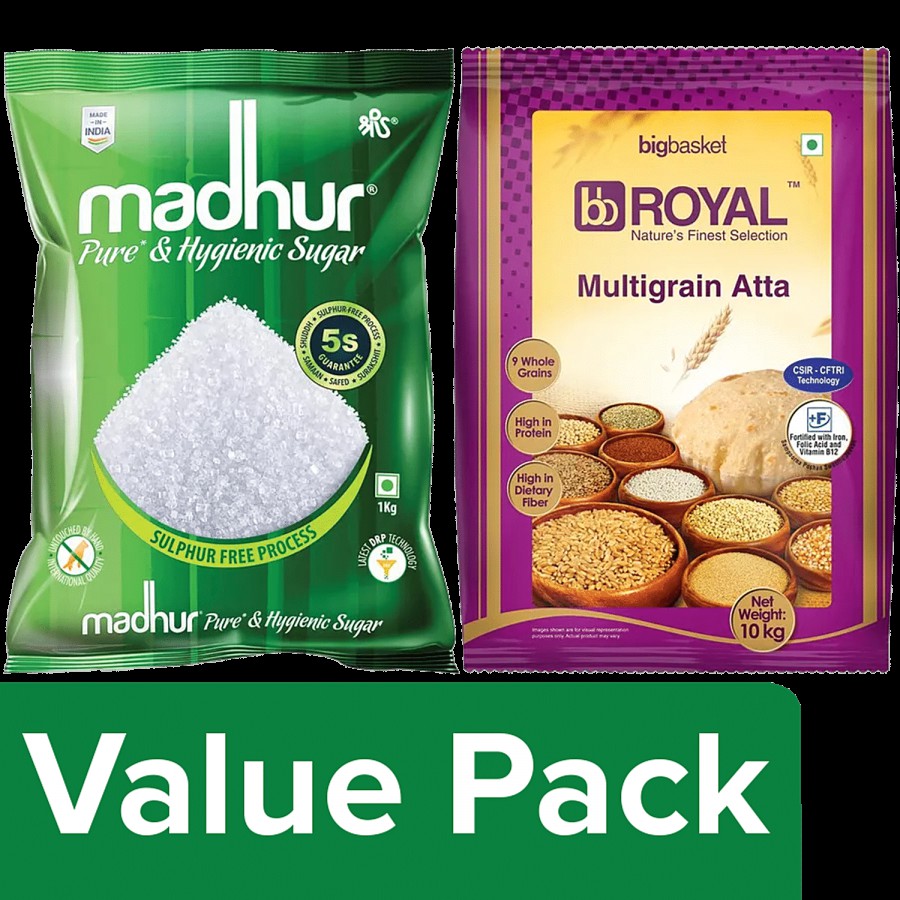 Madhur Sugar-Refined 1 kg Pouch + BB Royal Atta With 9 Multigrain10 kg