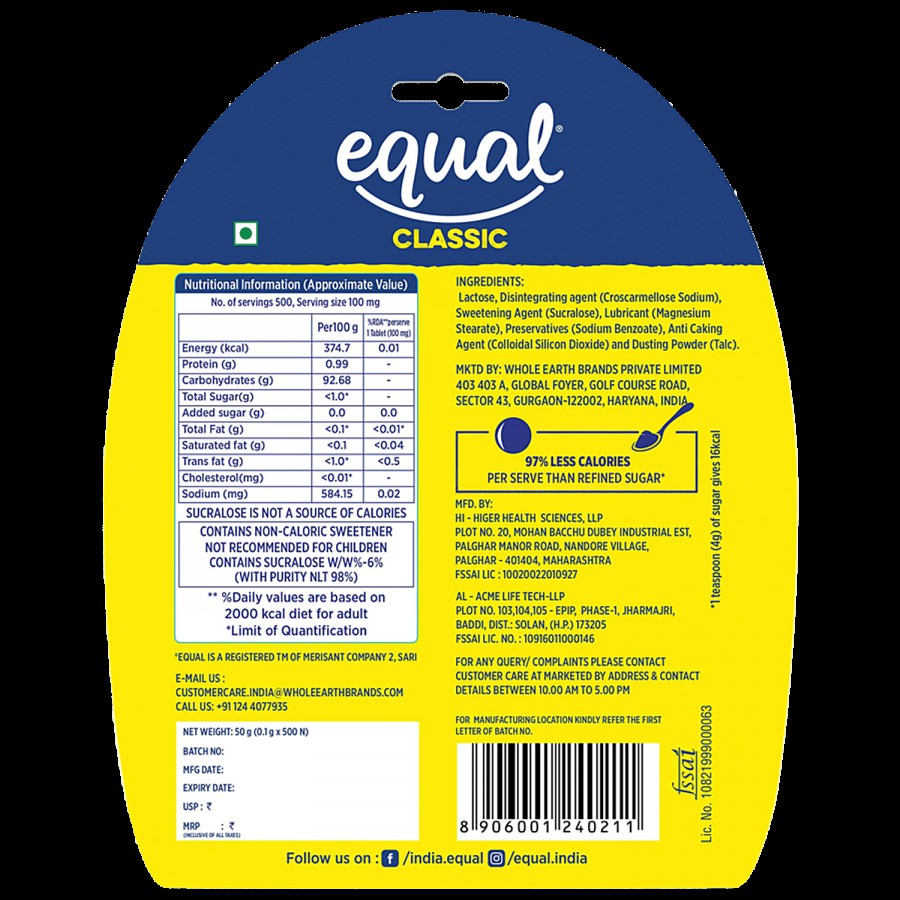 Equal Classic Zero Calorie Sweetener - No Aspartame