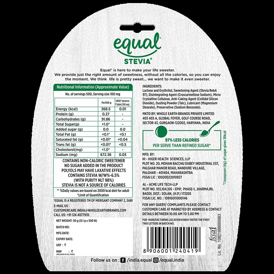 Equal Stevia Plant Based Natural Sweetener - Zero Calories