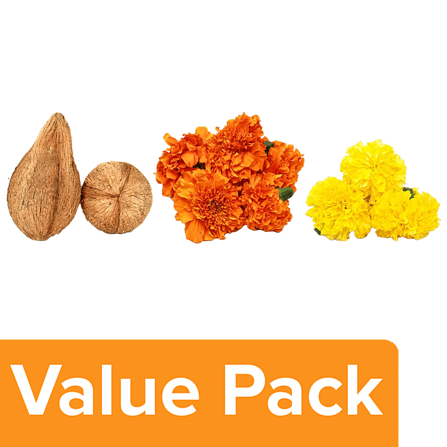 fresho! Pooja Coconut 1pc + Marigold Flower-Yellow 100g + Marigold Flower-Orange 100g