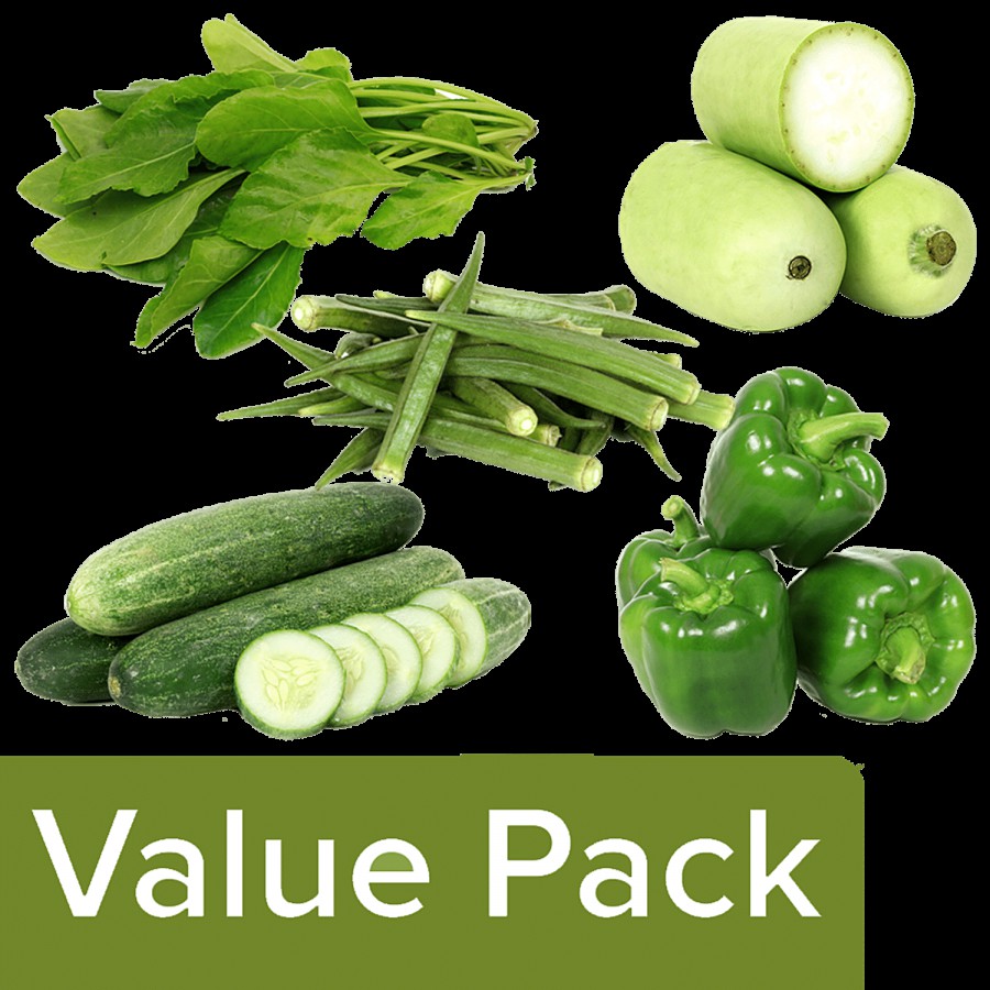 fresho! Palak 100 g + Ladies’ Fingers+Cucumber+Capsicum(500g Each) +Bottle Gourd 1Kg