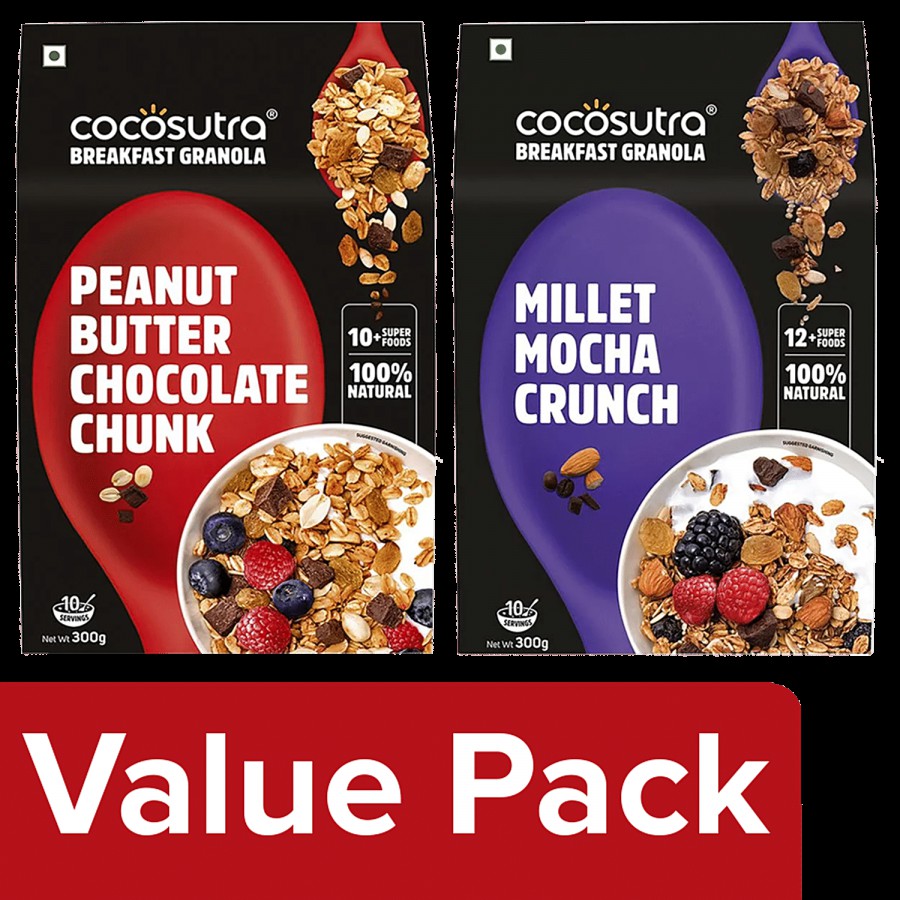 Cocosutra Granola Combo Packs - Peanut Butter Chocolate + Millet Mocha Crunch (300g each)