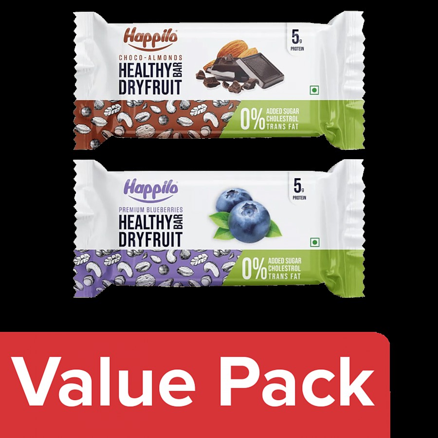 Happilo Healthy Dry Fruit Bar - Choco-Almond 2x35 g + Premium Blueberries 2x35 g