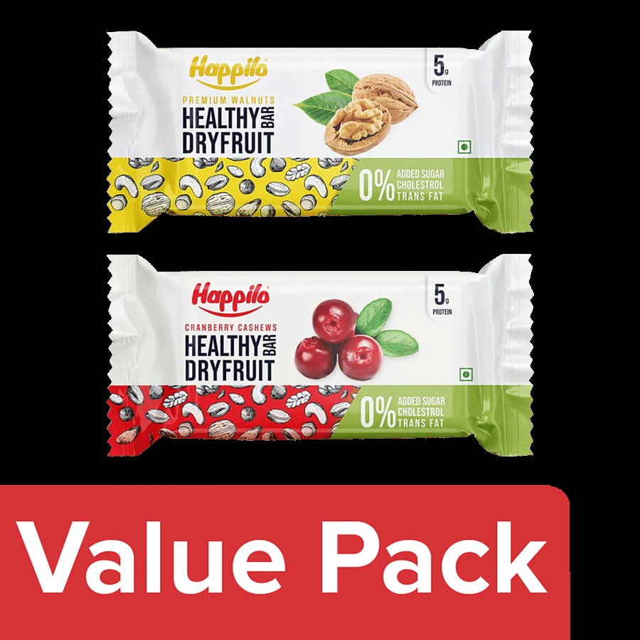 Happilo Healthy Dry Fruit Bar - Cranberry Cashew 2x35 g + Premium Walnut 2x35 g