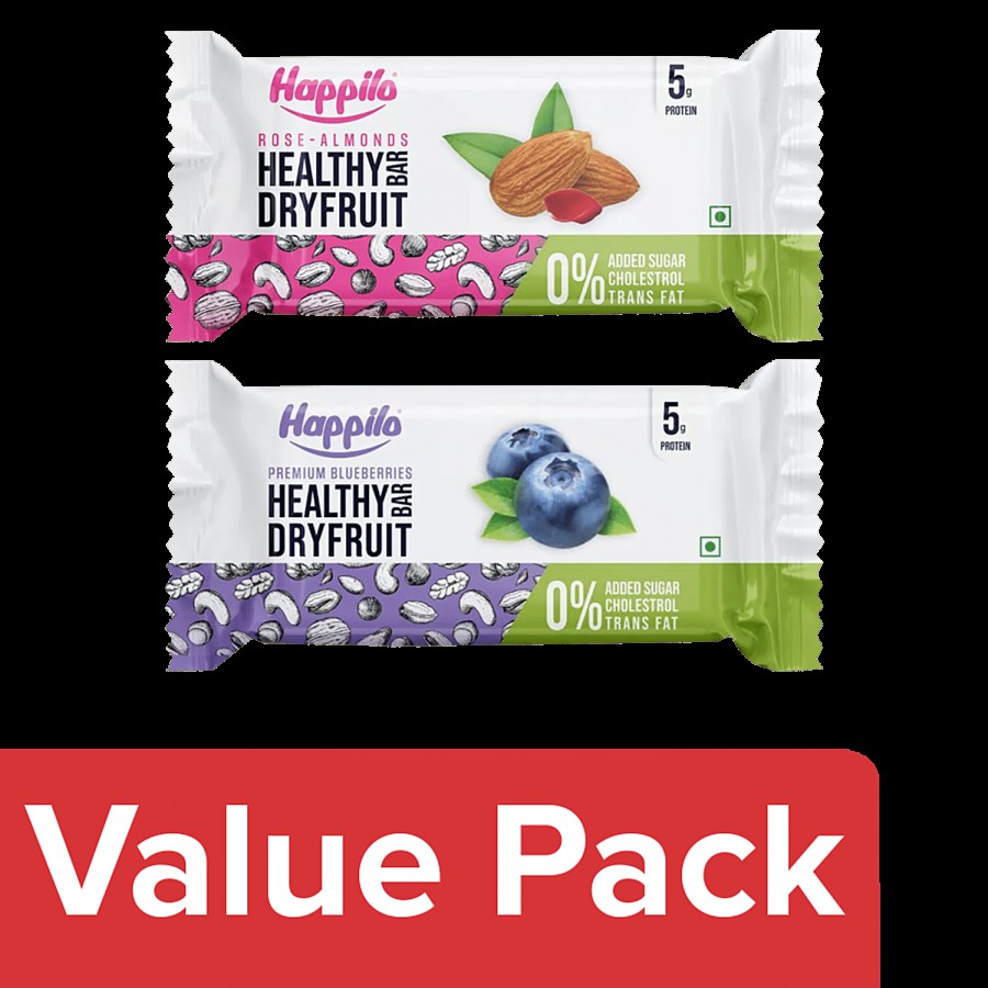 Happilo Healthy Dry Fruit Bar - Premium Blueberries 2x35 g + Rose-Almond 2x35 g