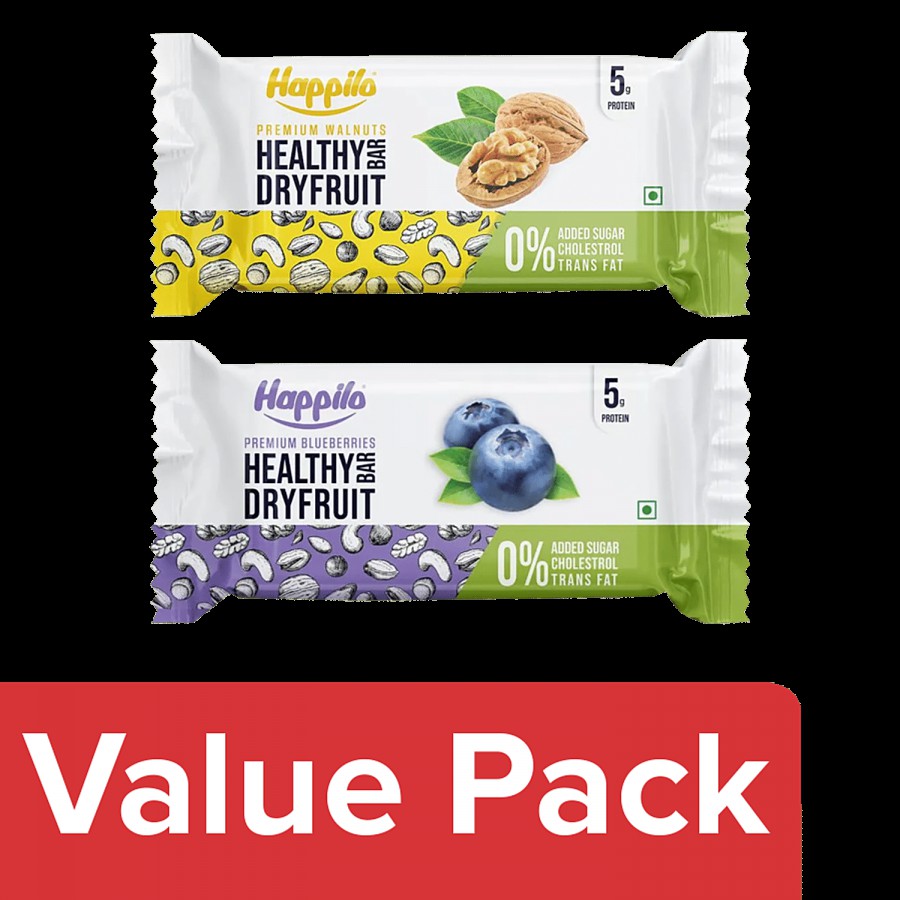 Happilo Healthy Dry Fruit Bar - Premium Walnut 2x35 g + Premium Blueberries 2x35 g