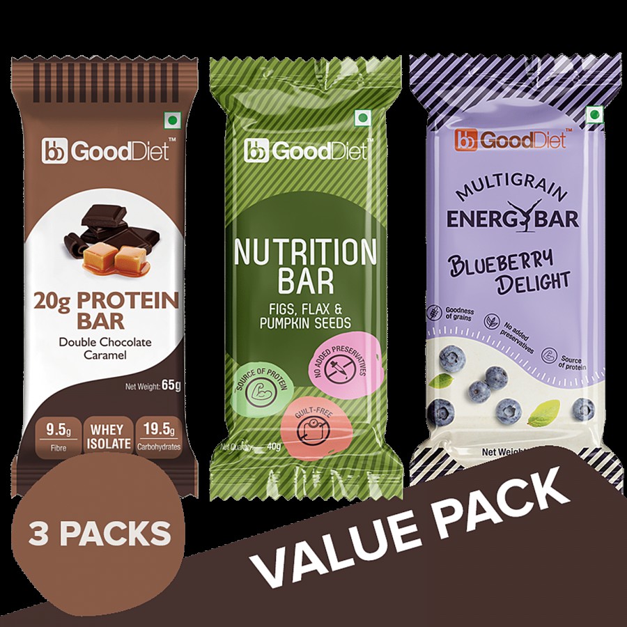 bb Gooddiet 20g Whey Protein Bar 65g+Nutrition Energy Bar 40g+Multigrain Energy Bar 38g